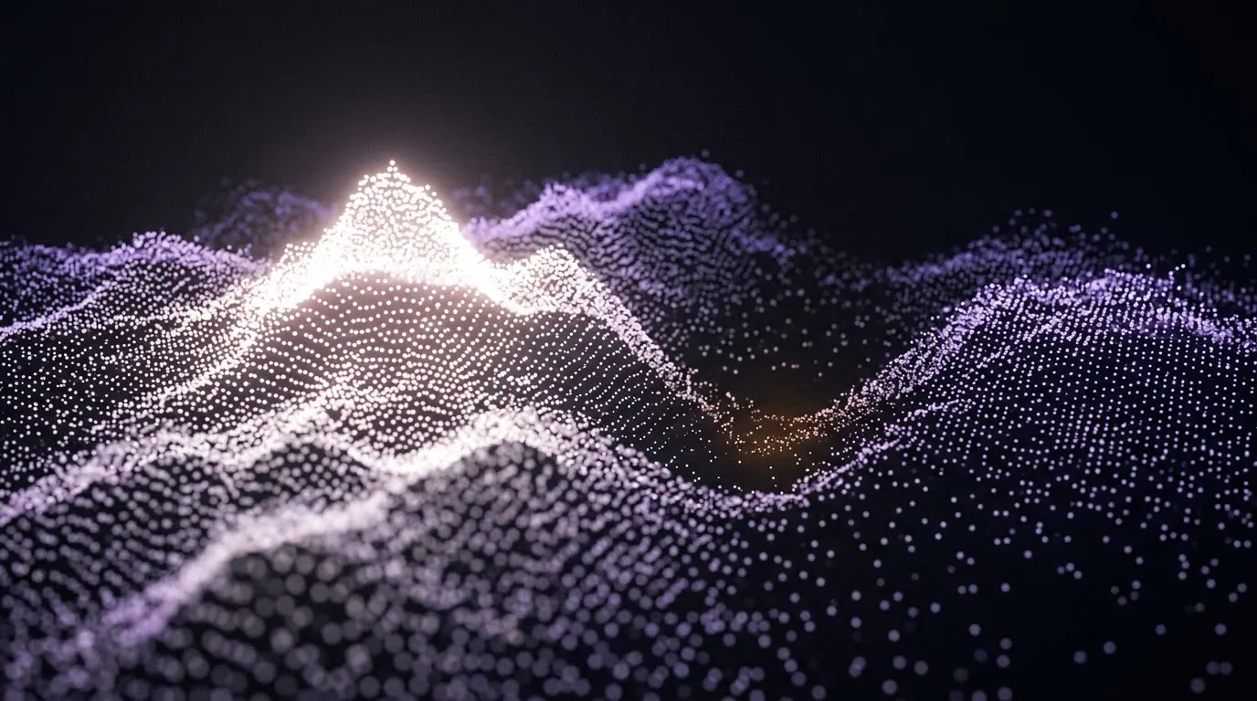 A glowing particle terrain rising into a bright peak