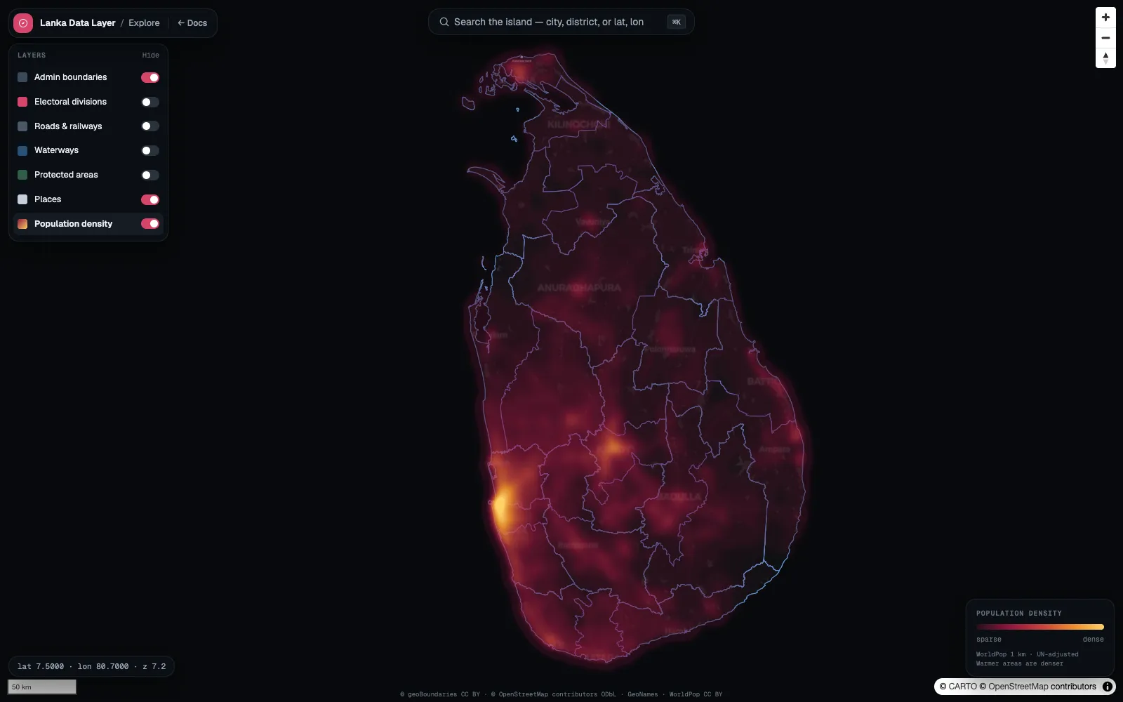 Sri Lanka rendered as a population density heatmap with district boundaries