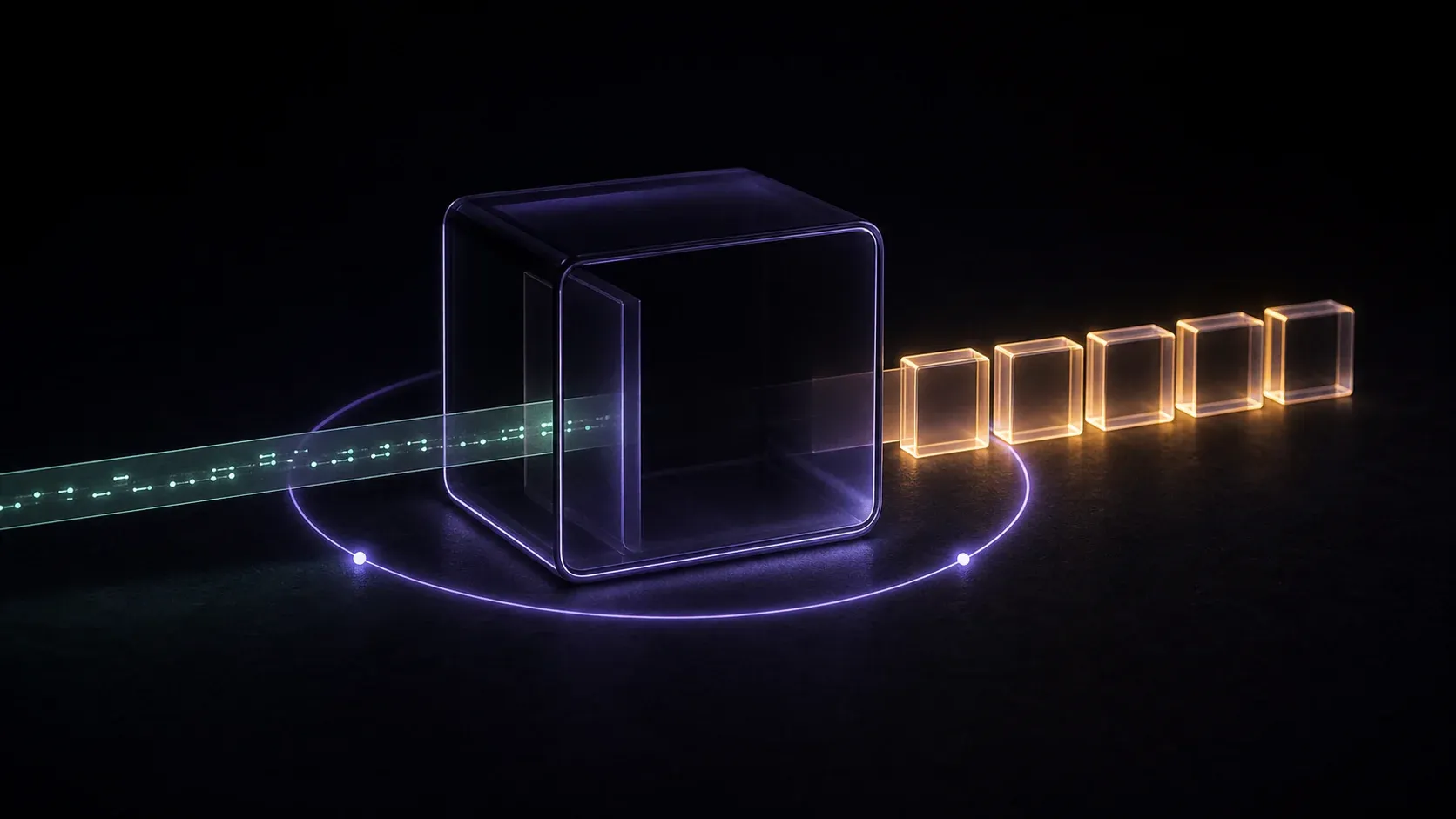 A glowing glass cube turning a stream of messages into tidy transaction blocks